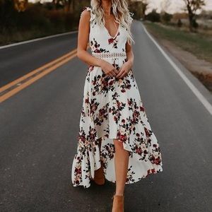 - White medium Taylor -boho floral maxi dress. Lace. Deep v neck. Open back